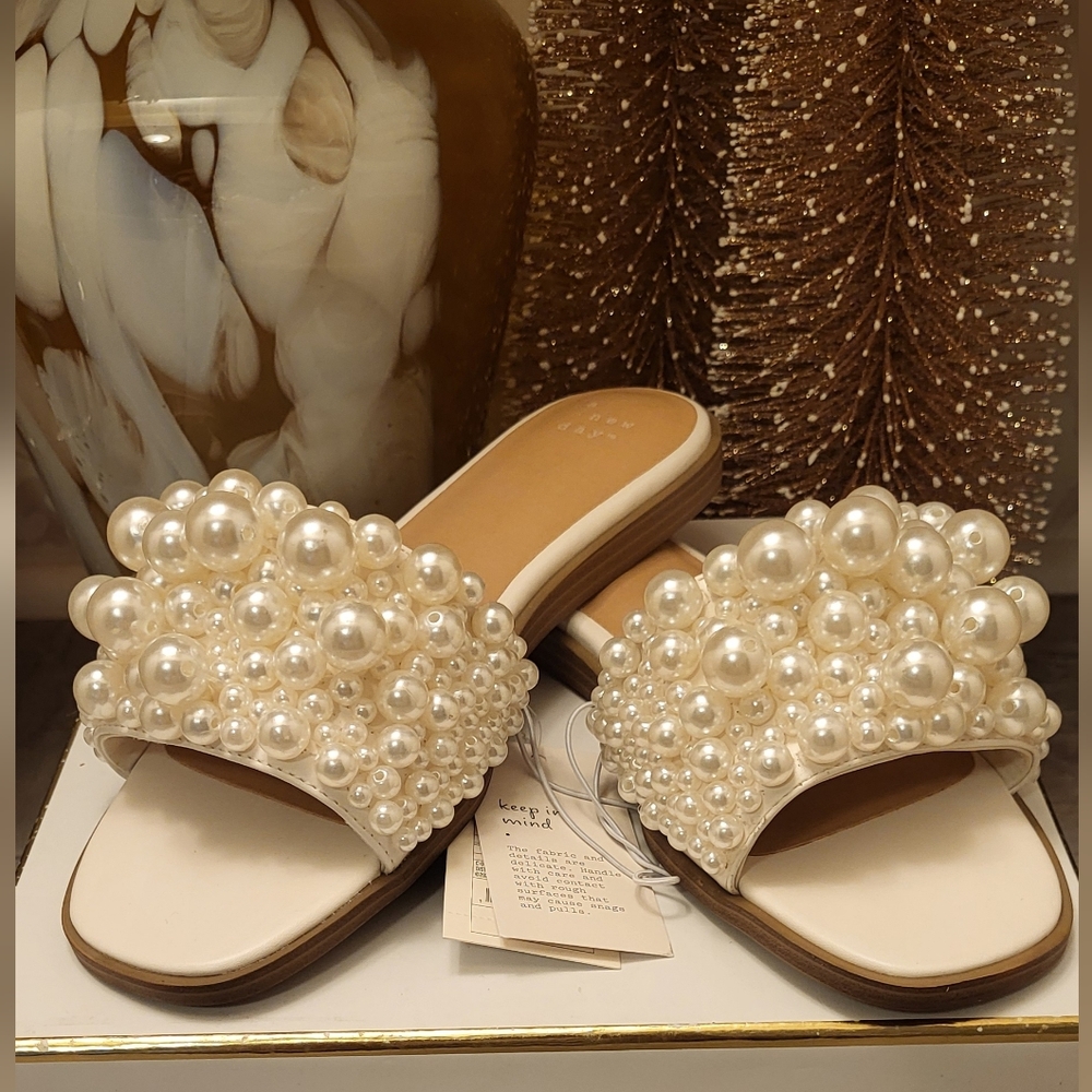 A Dew Day, Pearl Embellished Cream Sandals